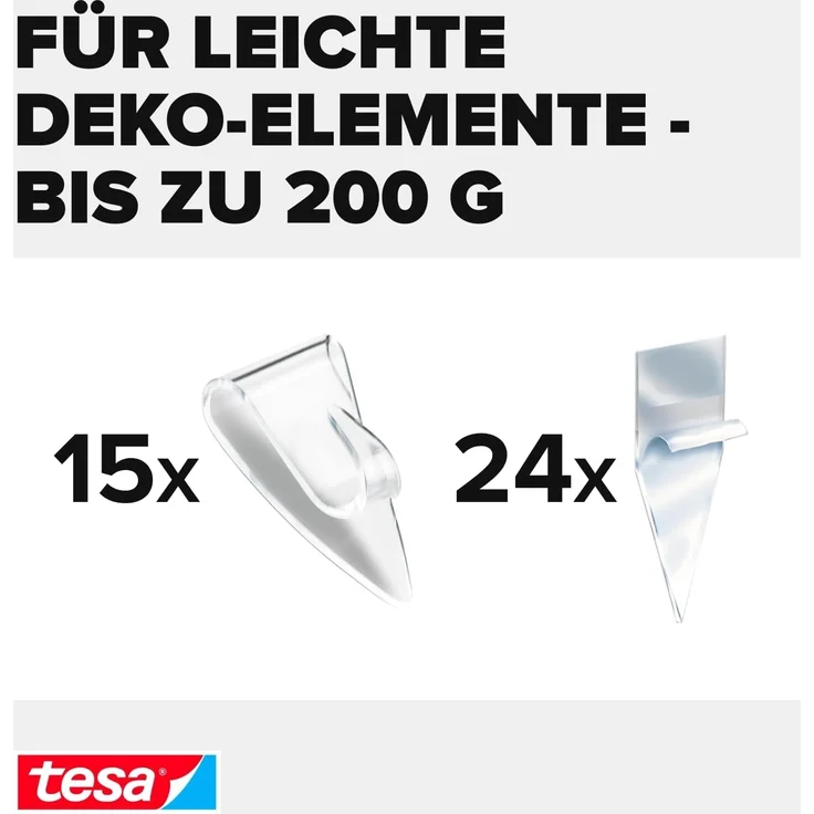 tesa Klebehaken POWERSTRIPS Doppelseitige Klebestreifen mit Bilderhaken, für Deko an Glas und Spiegel, (Spar-Set, 15-St, 3 x 5 tesa Powerstrips® Deko Haken), Transparente Klebepads - 3er Pack á 5 Dekohaken - je max. 200 g – Bild 3
