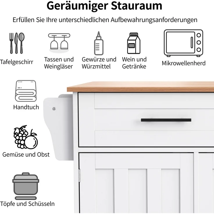 129x46(71)x91,5 cm großer Speisewagen/Sideboard, Arbeitsplatte mit Massivholzmaserung + Weiß Schrank/faltbare Arbeitsplatte/Aufbewahrungstür-Design/Räder/Massivholzfüße umschaltbar/für Zuhause geeig – Bild 4