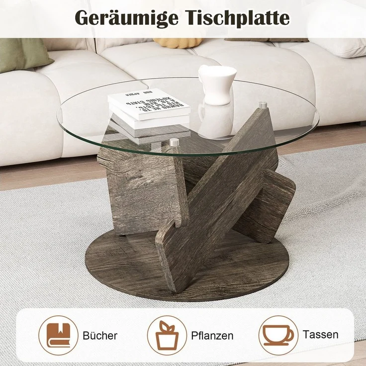 COSTWAY Couchtisch, runder Glastisch, Bestelltisch Massivholz ∅81cm x 49cm – Bild 2