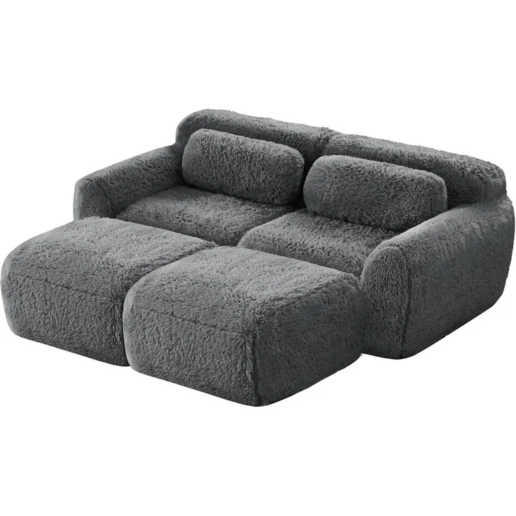 2 Sitzer Sofa 2 Hocker Kissen Grau 2-Sitzer Sofa + 2 Hockern – Bild 9