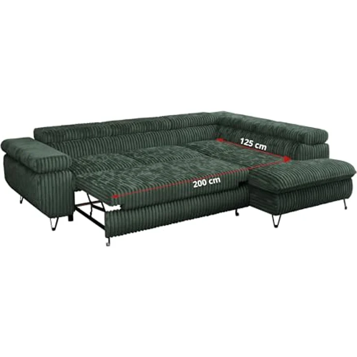 Mks Möbel 'Peter L-form' Ecksofa mit Bettfunktion, Bettkasten & einstellbaren Kopfstützen, Grün, Cord, rechts – Bild 7