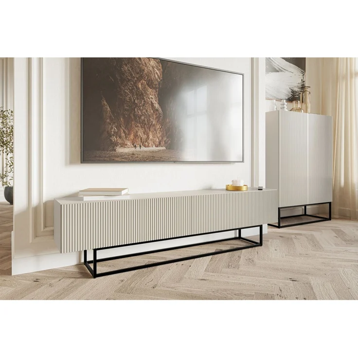 Selsey 'Veldio' TV-Lowboard 2-türig, greige mit schwarzem Metallgestell, ca. 46 x 175 x 32 cm – Bild 3