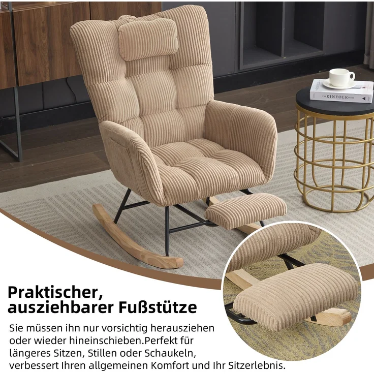 Schaukelstuhl aus Cordstoff in Braun mit hoher Rückenlehne, Beinstütze, Seitentasche, Relax Sessel für Wohnzimmer & Babyzimmer – Bild 9