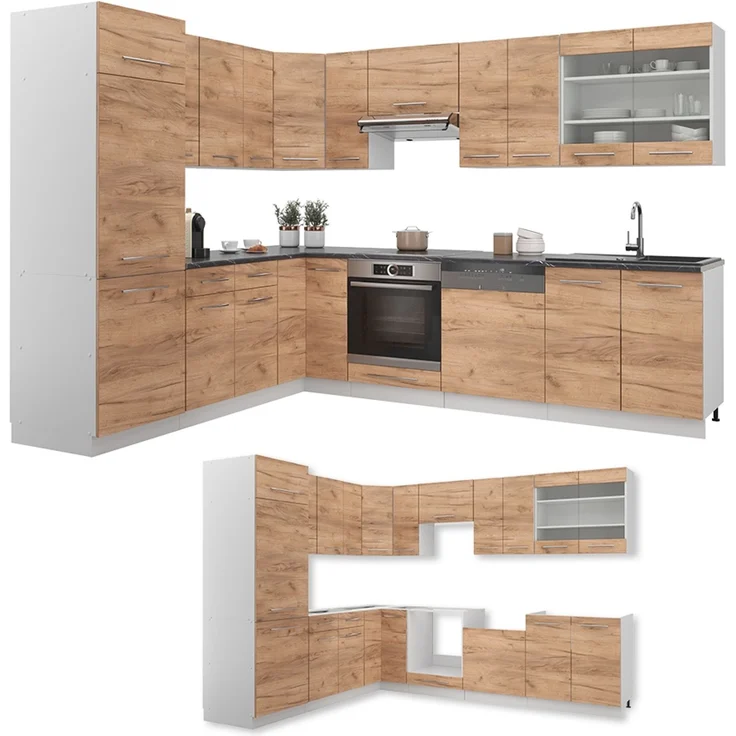 Eckküche Fame-Line Goldkraft Eiche/Weiß 287 x 46 cm ohne Arbeitsplatte Vicco – Bild 6