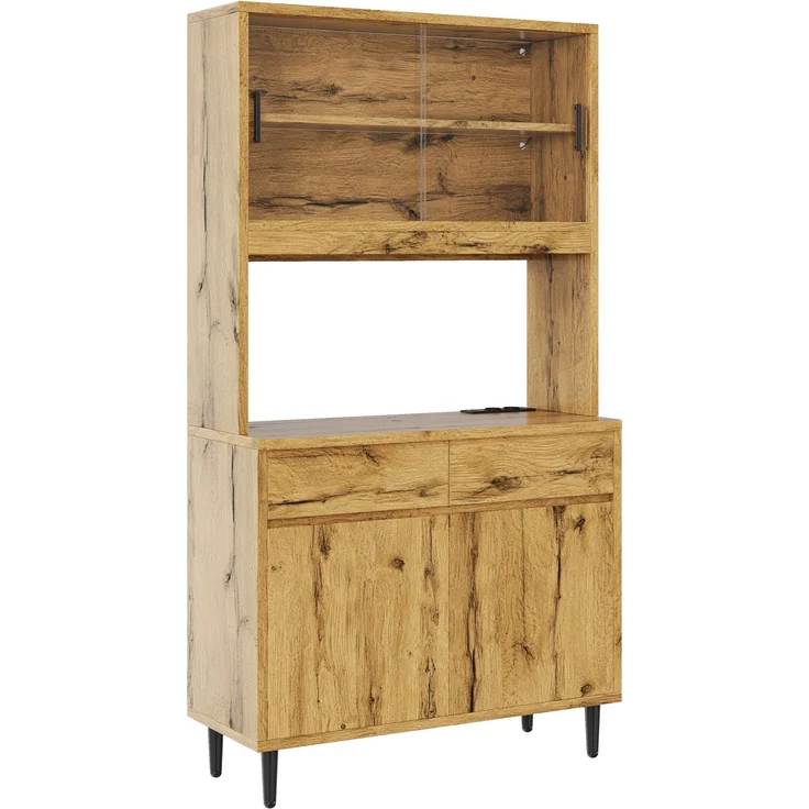 Merax Buffetschränke, Esszimmer-Hochschrank 100*40*185 cm, mehrstufigem Stauraum, integrierter Steckdose sowie USB-C- und USB-A-Anschlüssen,Mit farbigem Lichtstreifen, Eichenfarbe – Bild 8
