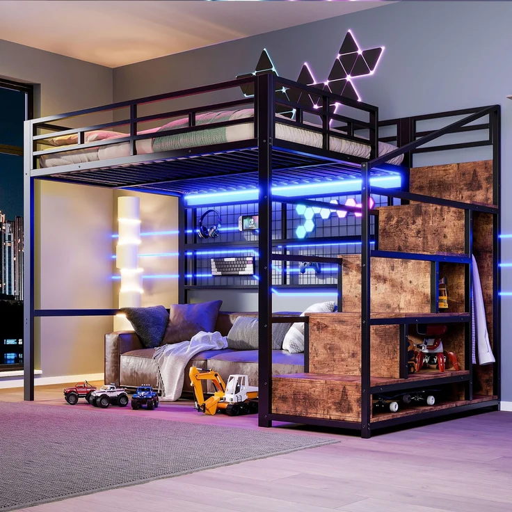 Hochbett mit RGB LED-Streifen, Rausfallschutz, 140x200cm, Treppe mit Regal und Kleiderschrank, Kinderbett, Metallbett – Bild 3