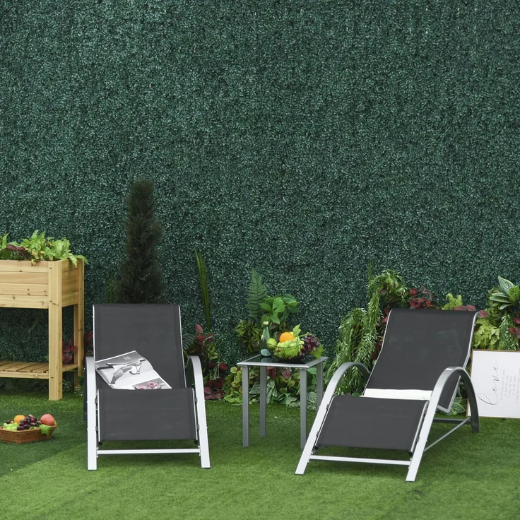 JARDJ Gartenliege Set Metall Mesh 3-TLG Sonnenliege mit Teetisch Gartengarnitur mit 2 Sonnenliegen, 1 Beistelltisch Gartensitzgruppe für Garten, Balkon 59B x 169T x 66H cm Schwarz+Silber – Bild 4