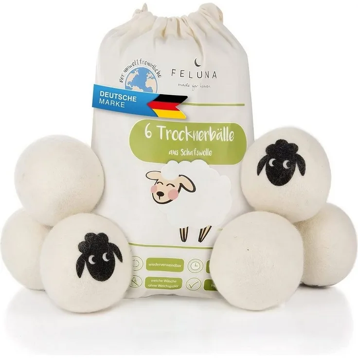 Feluna Wäschekugel Öko Trocknerbälle für Wäschetrockner (6er Set), Biologischer Weichspüler aus 100% Schaf-Wolle