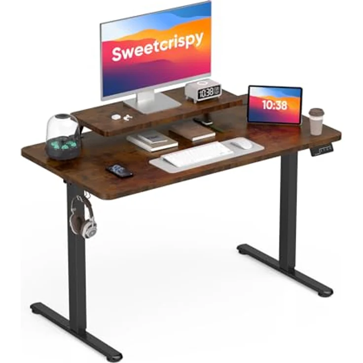 Sweetcrispy Höhenverstellbarer Schreibtisch mit Monitorständer, 120x60 cm Schreibtisch Höhenverstellbar Elektrisch, Ergonomischer Steh-Sitz Tisch, Computertisch Standing Desk, Vintagebraun – Bild 2