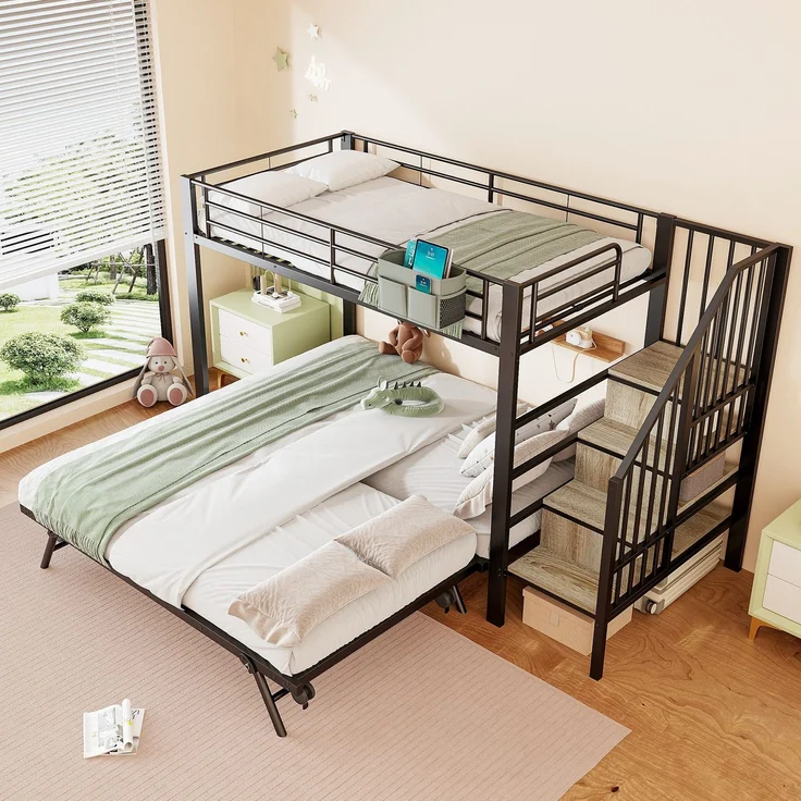 Etagenbett, 90x200cm/180x200cm, untere Liegefläche erweiterbar, Treppe mit Regal, Kinderbett mit Rausfallschutz, Metallbett – Bild 2