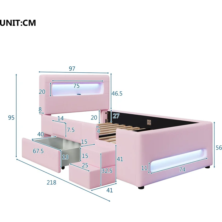 Gepolstertes Plattformbett 90x200 cm mit Treppe, Schubladen, LED-Lichtleisten, USB und Aufbewahrungstaschen, Rosa – Bild 5