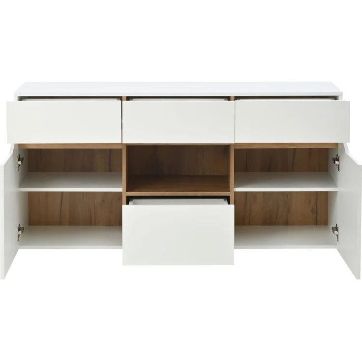 DESVIAE Sideboard mit LED-Beleuchtung und 4 Schubladen 140x70x40 cm Spanplatte Weiß/Naturholz – Bild 8