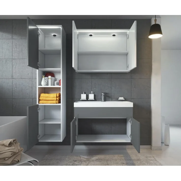 Badplaats Badmöbel Komplettset Paso LED 80 x 40 cm Weiß mit Grau Hochglanz - Badezimmermöbel mit Waschbecken, Spiegelschrank und Badezimmerschrank – Bild 4