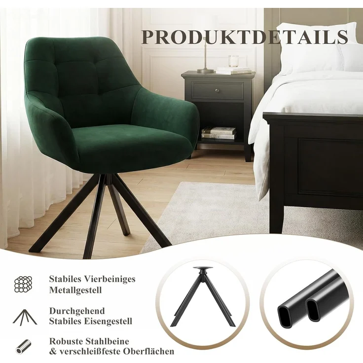 COLAMY Drehbare Esszimmerstühle 4er Set, Esszimmerstühle Drehbar mit Armlehne, Armlehnstuhl Drehbar mit Rückenlehne für Esszimmer, Stühle aus Weichem Florstoff mit Metallgestell für Küche, Grün – Bild 8