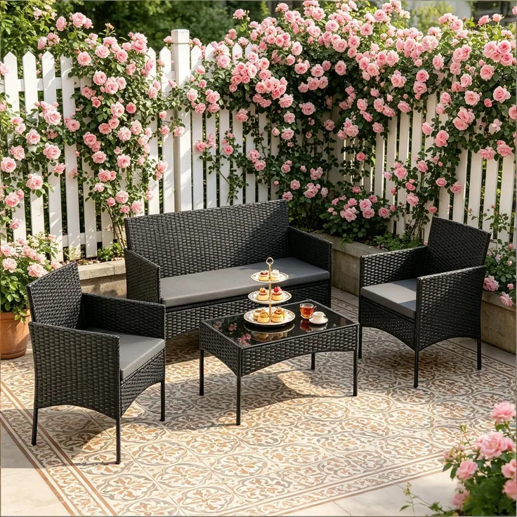 Gartentisch 71 x 41 x 39 cm mit 4-teiliger Sitzgruppe für 4 Personen, PE-Rattan und Glas, Schwarz