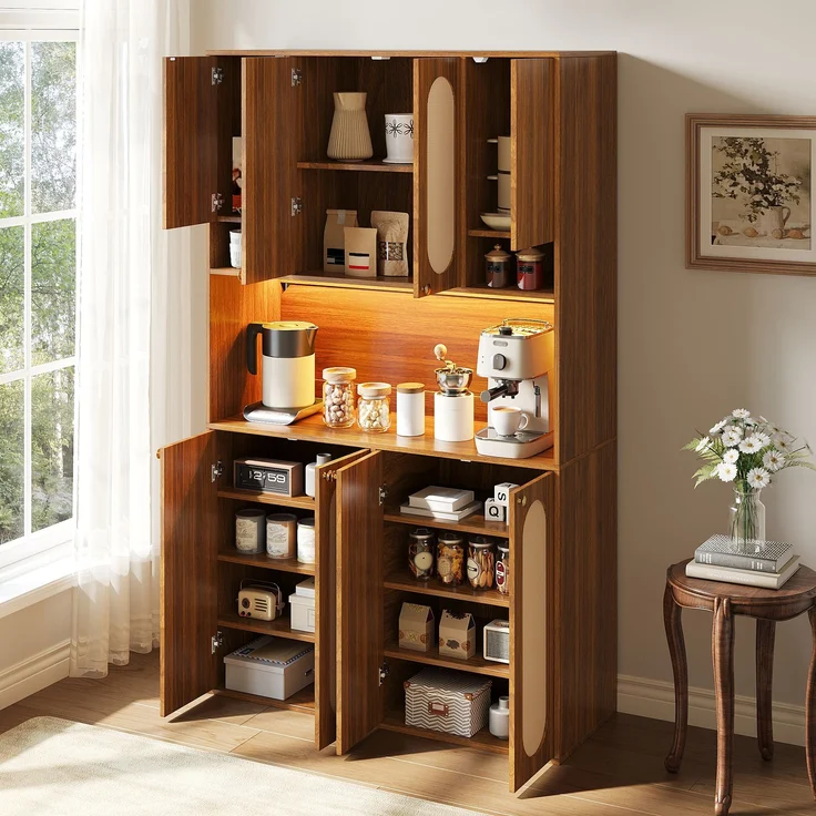 ZUBALIYA Sideboard (106 x 40 x 178 cm), LED - Beleuchtung, Gedämpftes Schließen, Fronten in Flechtoptik, Naturfarben – Bild 3