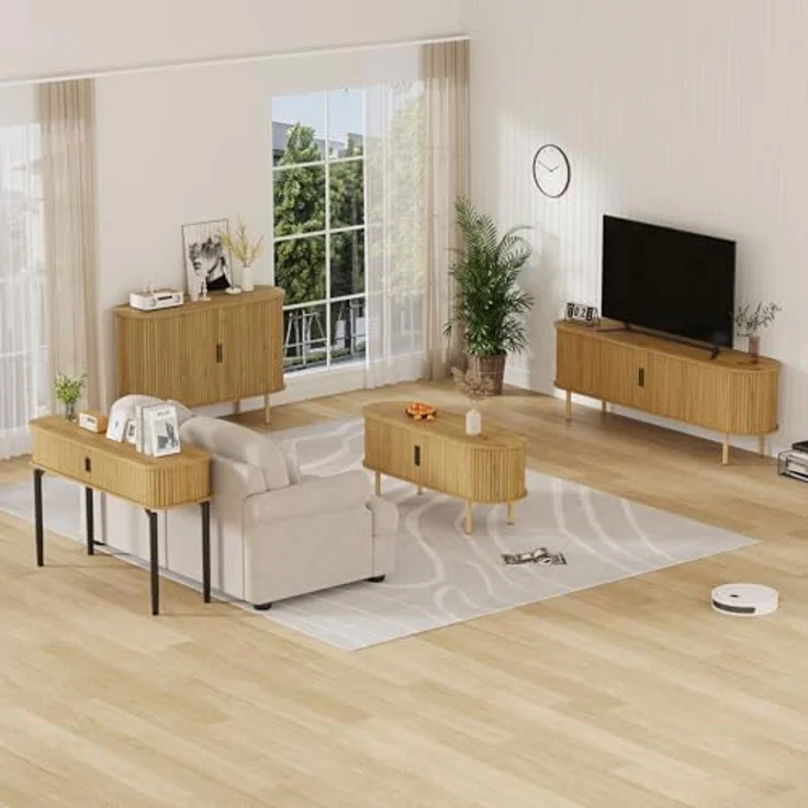 GarveeHome Ovales Sideboard, Buffet mit Schiebetüren, 2-stöckiger Wohnzimmerschrank mit verstellbaren Einlegeböden, für Wohnzimmer, 120 x 40 x 80 cm – Bild 9
