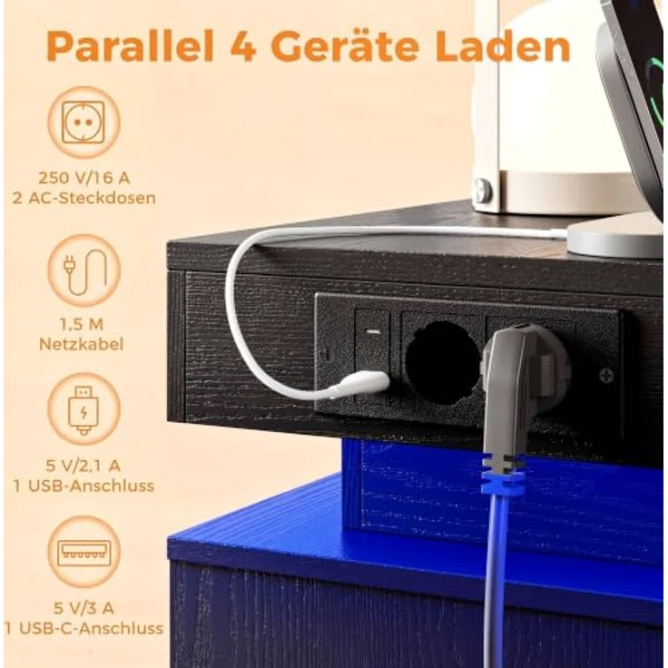 IRONCK Nachttisch 2er Set, Nachtschrank mit Ladefunktion, LED, 40x35x60 cm | Beistelltisch mit 2 Schubladen, schlafzimmer möbel mit Steckdosen, USB & USB-C, für Wohnzimmer, Nachtkommode 2er set Schwarz – Bild 4