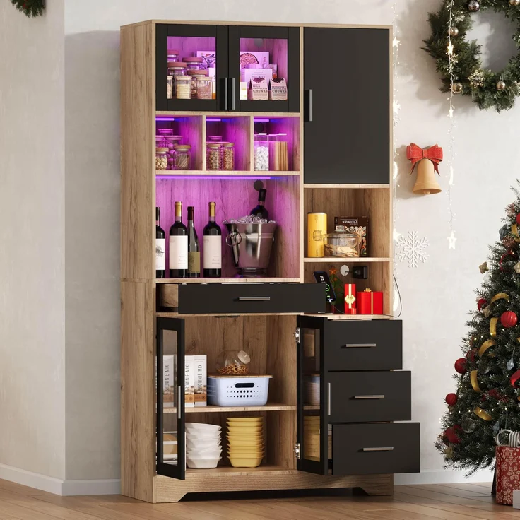 Ball & Cast Küchenschrank, Buffetschrank mit verstellbaren Einlegeböden, Steckdosen und Integrierter Beleuchtung, 100x40x185 cm, Schwarz + Natur