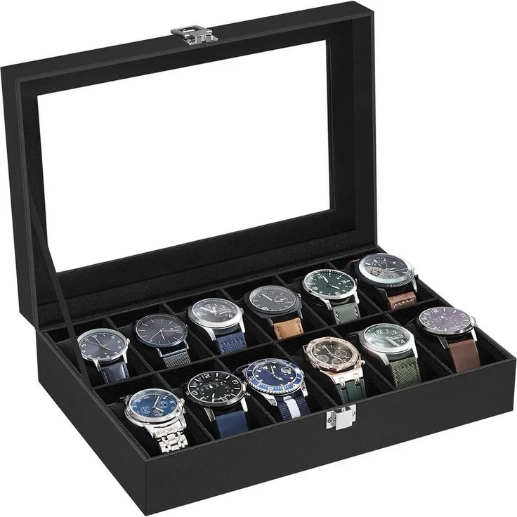 Uhrenbox mit 12 Fächern, Glasdeckel & herausnehmbaren Uhrenkissen, Holz schwarz, 8,5 x 30 x 21 cm – Bild 1