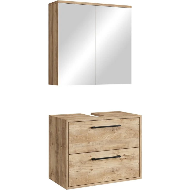 Waschbeckenunterschrank Set Florence 60 x 35 cm – Kastanie Eiche – Badmöbel mit Spiegelschrank – Bild 1