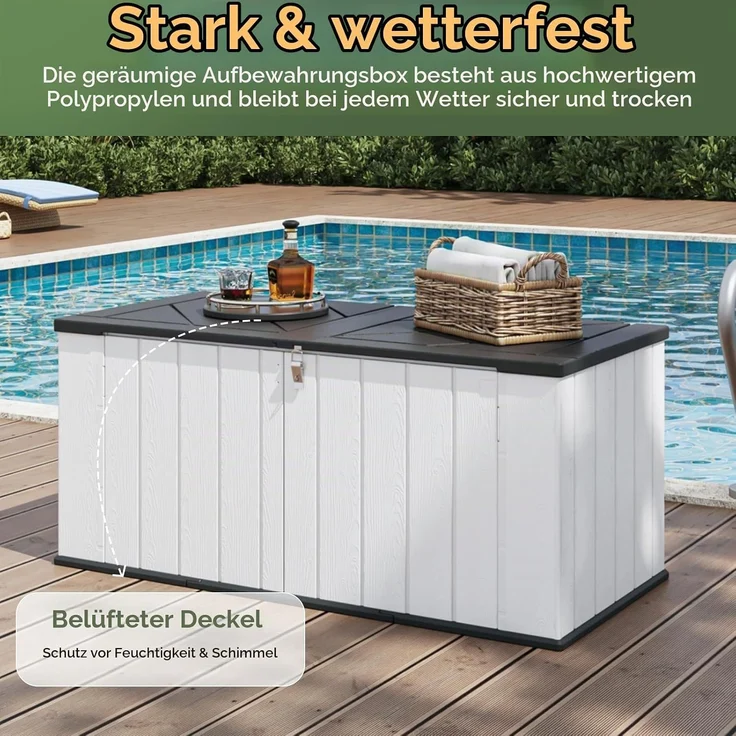 Aoxun Gartenbox aus Harz 600L,Auflagenbox Wasserdicht Außenmaße:142 x 67 x 63 cm,Wetterfest,Abschließbar,Weiß – Bild 7