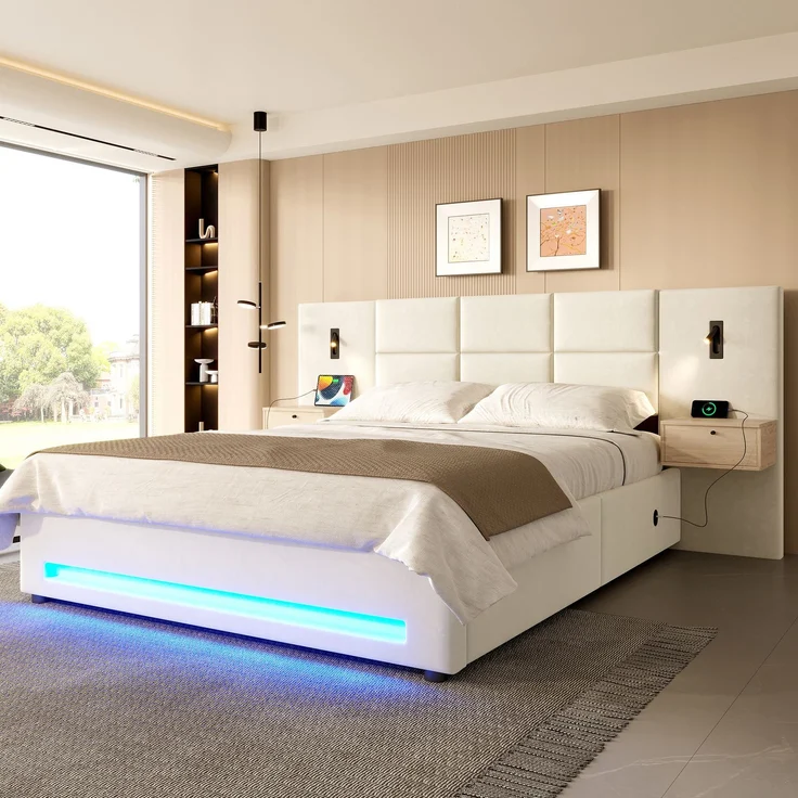 TavilaEcon Boxspringbett mit Samtkopfteil, praktischen Stauschubladen und LED-Nachtlicht beige Liegefläche 180 × 200 cm – Bild 8