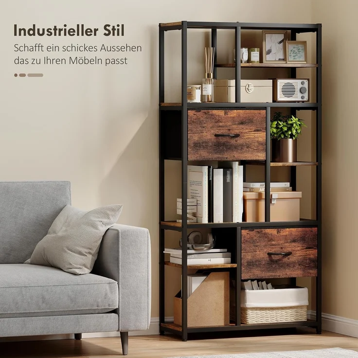 HOMCOM Standregal Bücherregal mit 2 Stoffschubladen, 9 offenen Fächern, Aufbewahrungsregal 1-tlg, für Büro, Wohnzimmer, Schlafzimmer, 72,5x30x150 cm, Rustikal-Braun – Bild 5