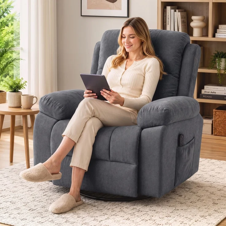 Wohnora-Relaxsessel Fernsehsessel 360° Drehbarer Massagesessel mit Wärme, Massage, Chenille-Optik, Dunkelgrau,H 1040cm x T 970cm x B 970cm – Bild 3