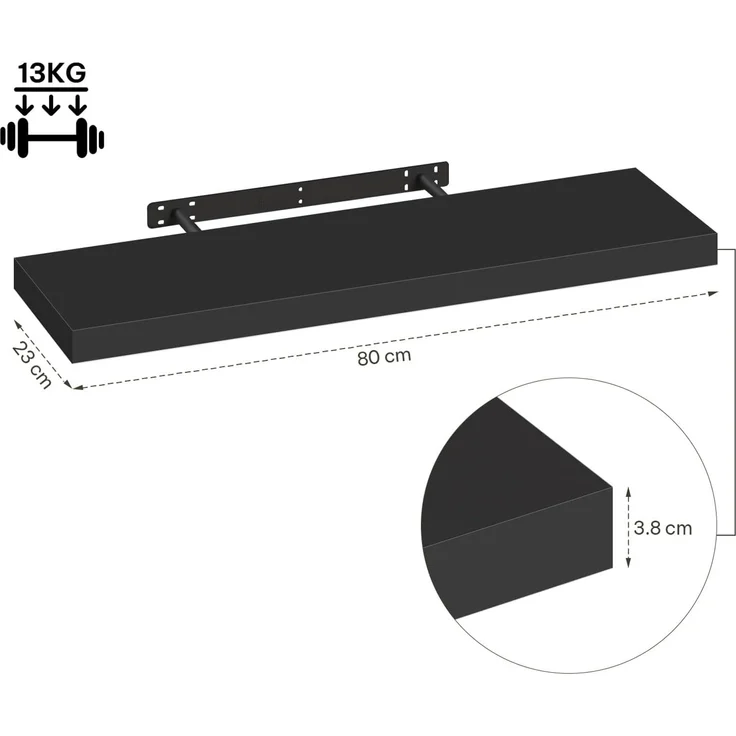 eSituro Wandregal, schwebendes Regal für Wandmontage, Schweberegal Hängeregal Wandbrett im Wohnzimmer Schlafzimmer Küche Badezimmer, glattes Schwarz, MDF, 80 x 3,8 x 22,9 cm – Bild 3