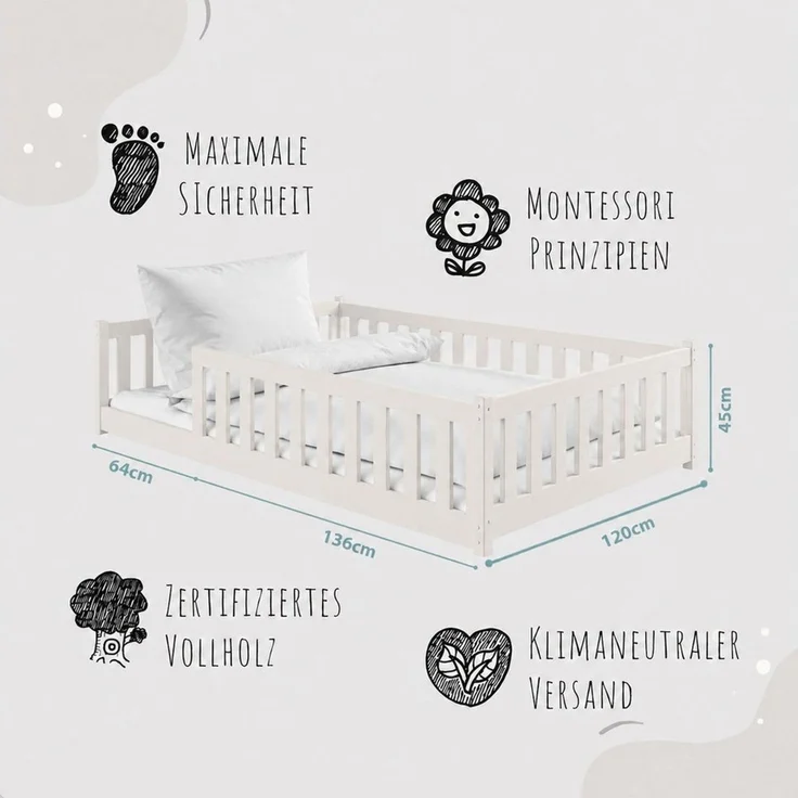 Kids Collective Kinderbett Bodenbett Bett mit Rausfallschutz & Lattenrost Montessori Bett Kinder (Jungen, Mädchen, Kinder, weitere Größen 80x160, 80x180, 90x190, 90x200, 140x200 cm), Gitterbett Jugendbett Einzelbett Baumwolle 120x200 cm – Bild 3