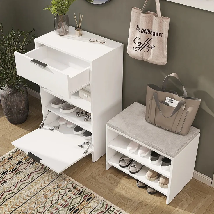 Roomart LENA Garderobenset 4-teilig – Schuhschrank, Sitzbank, Wandgarderobe & runder Spiegel – kompakte Flurgarderobe 120 cm – H 95 x B 60 x T 37 cm (Schuhschrank) • Weiß – Bild 4