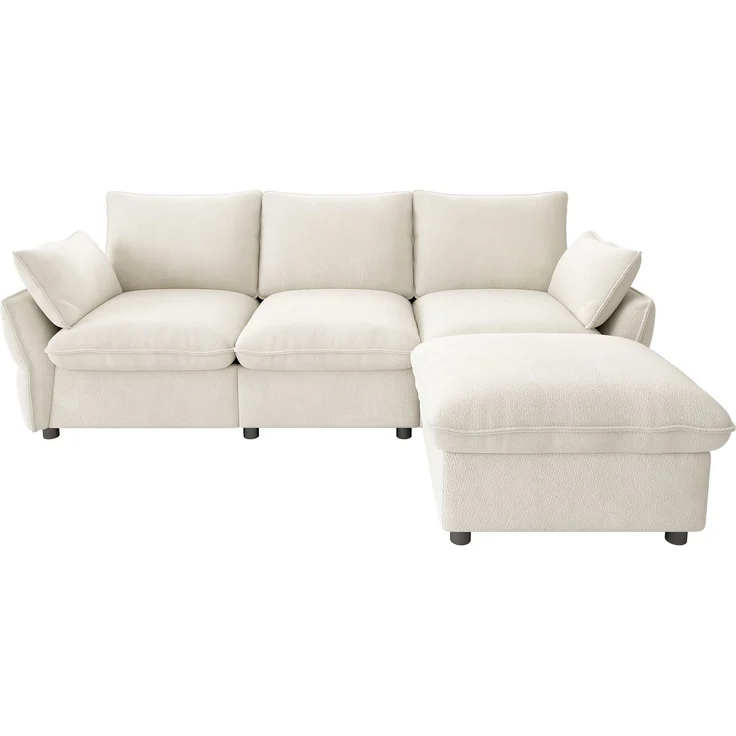 Merax 222cm Ecksofa mit Ottomane (inkl. 1 Hocker), 3-Sitzer Sofa aus Chenille, Beige – Bild 10