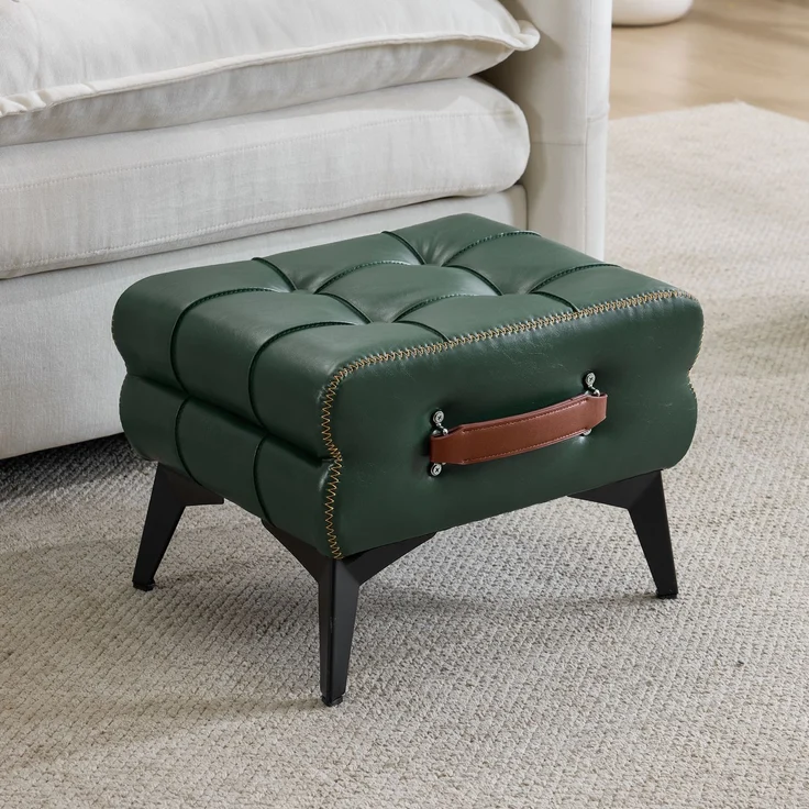 Tragbarer Fußhocker aus grünem Leder mit Metallbeinen, Multifunktionaler Fußhocker, Mehrzweck-Schuhwechselhocker für Wohn- und Schlafzimmer, Einfache Form, passend für verschiedene Wohnstile.--Grün--43x33x30cm--YOUDENOVA – Bild 2