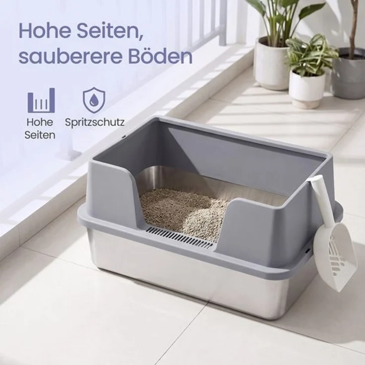 FEANDREA Edelstahl Katzenklo XXL Offen mit Hohem Rand 61 x 41 x 30 cm Taubengrau – Bild 3