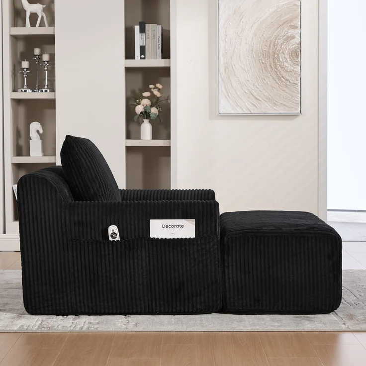 Sessel Cord mit Fußhocker, 147 x 110 x 67 cm,Relaxsessel mit Stauraumtaschen & Federkern, kein Aufbau,Schwarz – Bild 3
