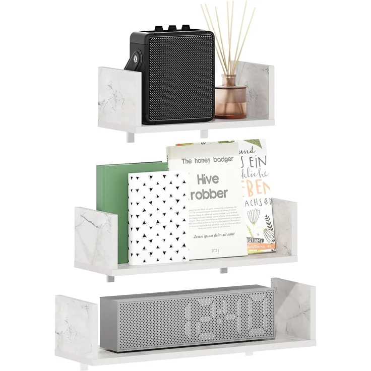 Furinno Rossi Schlafzimmerdekor-Wandregale mit unsichtbaren Halterungen, Marmorweiß, 3er-Set – Bild 1