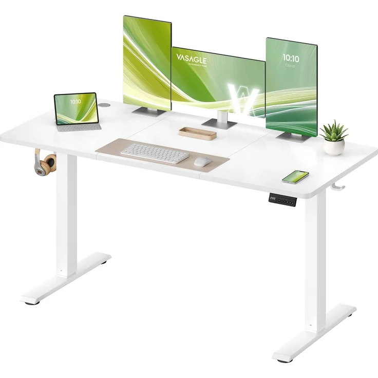 VASAGLE Höhenverstellbarer Schreibtisch, Stehtisch, Computertisch, Erinnerung bei langem Sitzen, Memory-Funktion mit 4 Höhen, für Büro, 140x60 cm, wolkenweiß LSD314WZ03