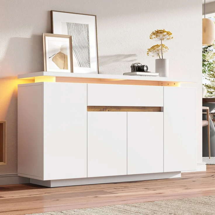 DESVIAE Sideboard mit LED-Beleuchtung und Schublade 140x80x40 cm Spanplatte Weiß – Bild 3