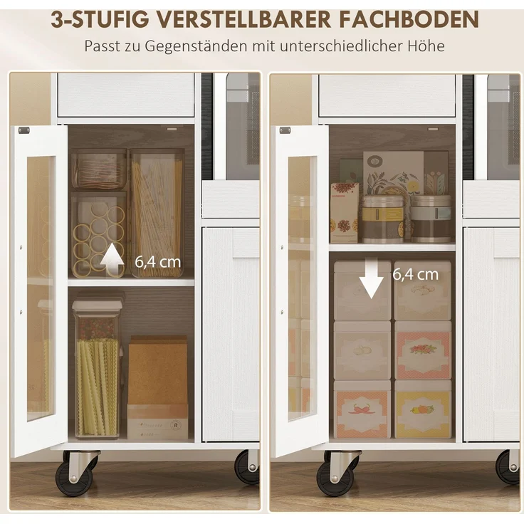 Küchenschrank auf Rädern, Mobile Küchenkommode mit Ablagen, Schubladen, verstellbarem Regal, Kabelloch, Weiß--Weiß--88.7x40x80cm--YOUDENOVA – Bild 7
