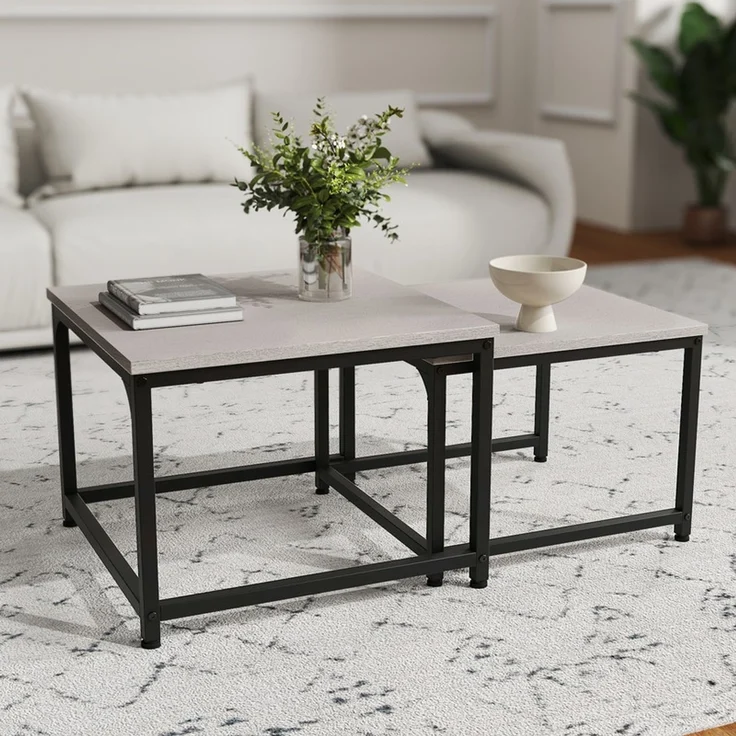 Hawthyhome 2er-Set Quadratischer Couchtisch Beistelltisch aus Holz mit Metallgestell, stapelbar & separat nutzbar, hochdichte MDF-Arbeitsplatte, moderne Industrie, wasserdicht & pflegeleicht, einfache Montage, für Wohnzimmer & Schlafzimmer, Weiß – Bild 1