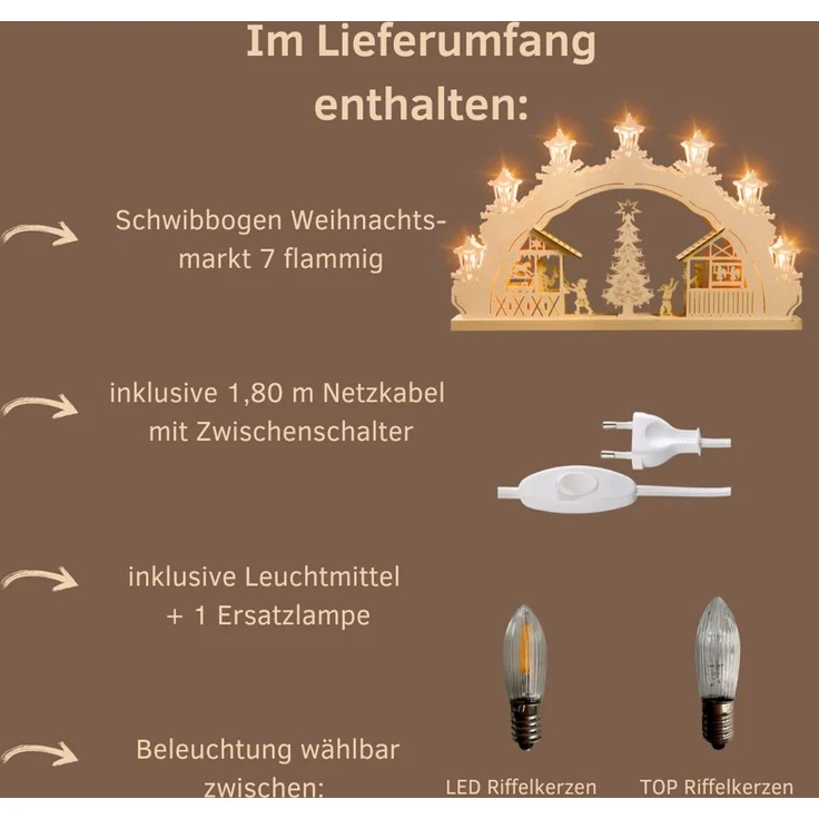 Weigla LED Schwibbogen Weihnachtsmarkt, Lichterbogen aus Holz, NATUR, Made in Germany (1-tlg), Erzgebirge garantiert, Weihnachtsdeko Innen, Weihnachtsbeleuchtung – Bild 2