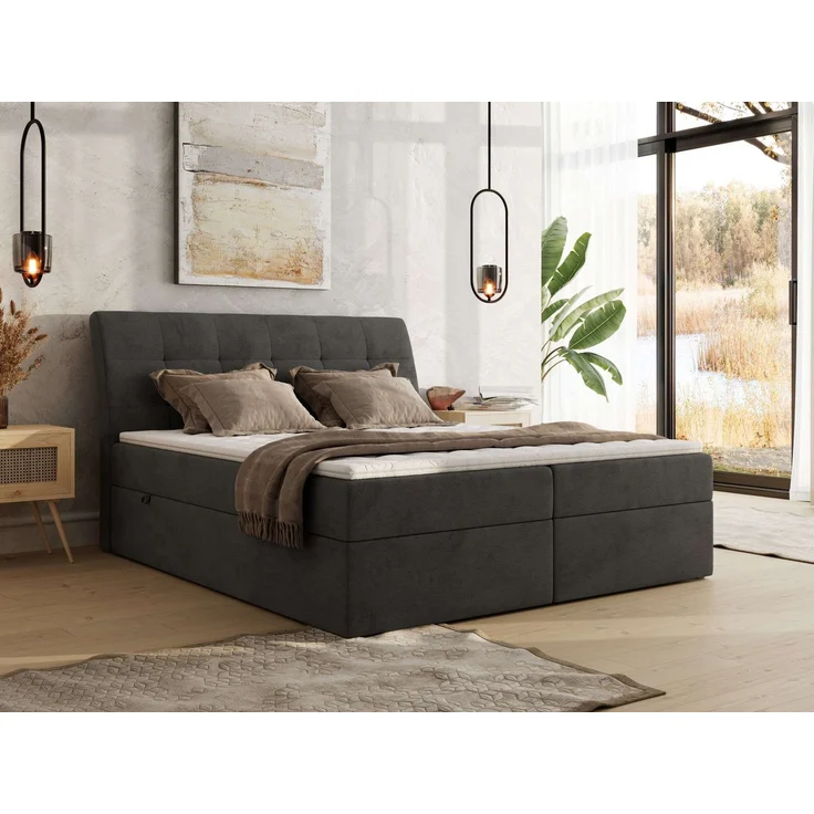 Boxspringbett DAGOS 120 x 200 cm mit Kopfteil, Lattenrost und Stauraum – Doppelbett mit Matratze & Topper T25 , stabile Konstruktion, Bettkasten, modernes Design - Dunkelgrau Velvet - H3 – Bild 1