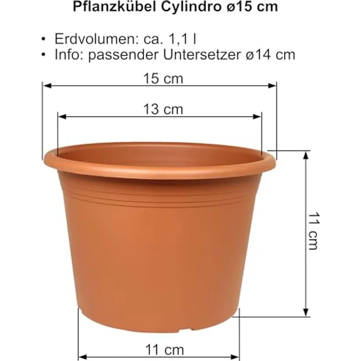 Heimwerkercenter Pflanzkübel MePla Blumentopf Cylindro ø15cm, Untersetzer ø14cm Terra, Kunstoff – Bild 3