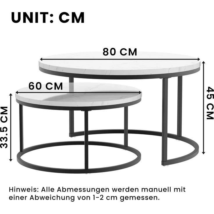 2er-Set Couchtisch aus MDF mit Marmordesign & Metallrahmen, nestbar, 70x70x45 cm + 45x45x37 cm – Bild 10