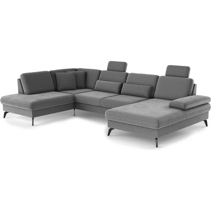 Cavadore Wohnlandschaft Moritz / Sofalandschaft mit Longchair im trendigen Design, Sitztiefenverstellung, Kopfstützen und mattschwarzen Metallfüßen / 212 x 82-107 x 335 / Mikrofaser, Mittelgrau