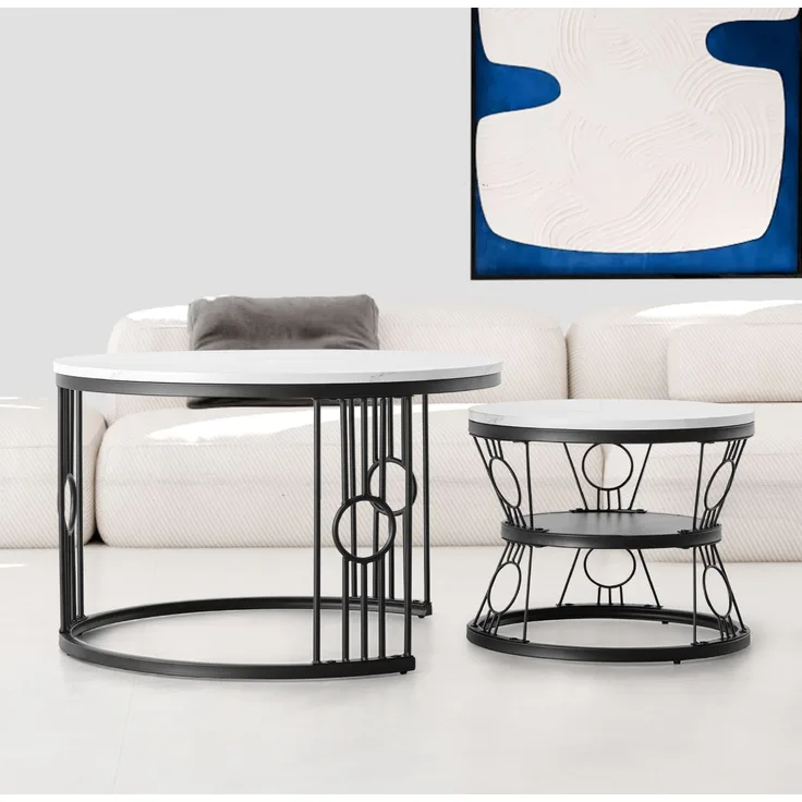 2er-Set Couchtisch nestbar 70x70x45 + 45x45x37 cm, MDF & lötstellenfreier Metallrahmen, Safety-Design
