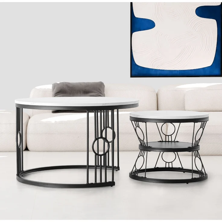 2er-Set Couchtisch nestbar 70x70x45 + 45x45x37 cm, MDF & lötstellenfreier Metallrahmen, Safety-Design – Bild 1