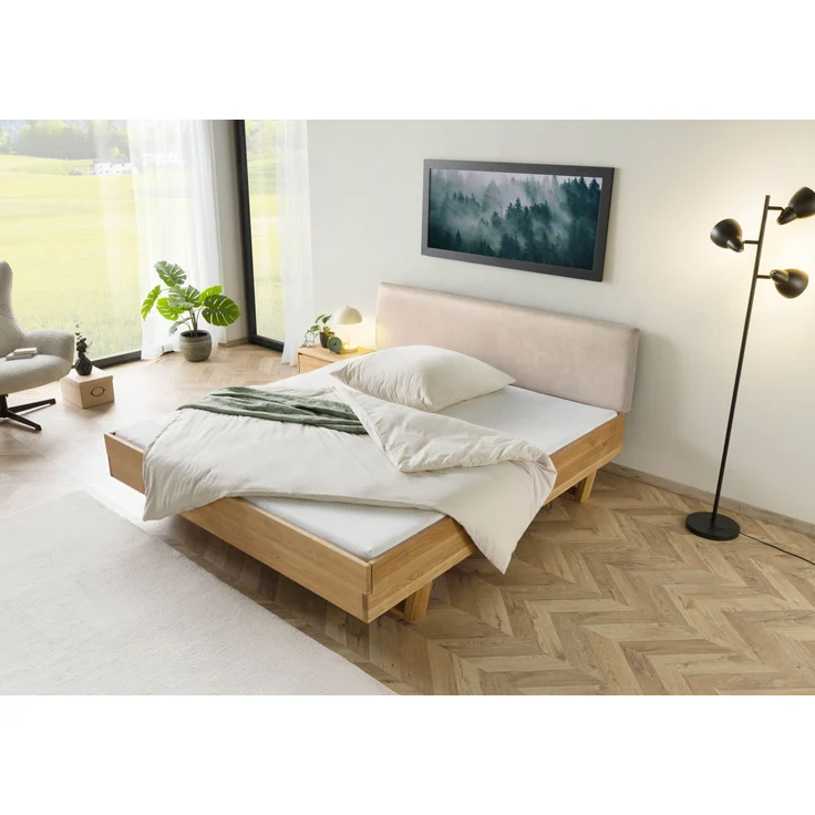 Bett mit Nachttisch links Fichte 160x200x85 natur gebeizt / geölt, Kopfteil beige FICHTELBERG #154 – Bild 2