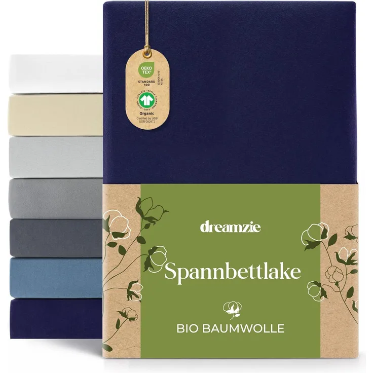 Dreamzie Premium Spannbettlaken 180x200 cm bis 200x200 cm Dunkelblau, Spannbetttuch aus 100% Jersey Biobaumwolle, 150 g/m² - Oeko-TEX